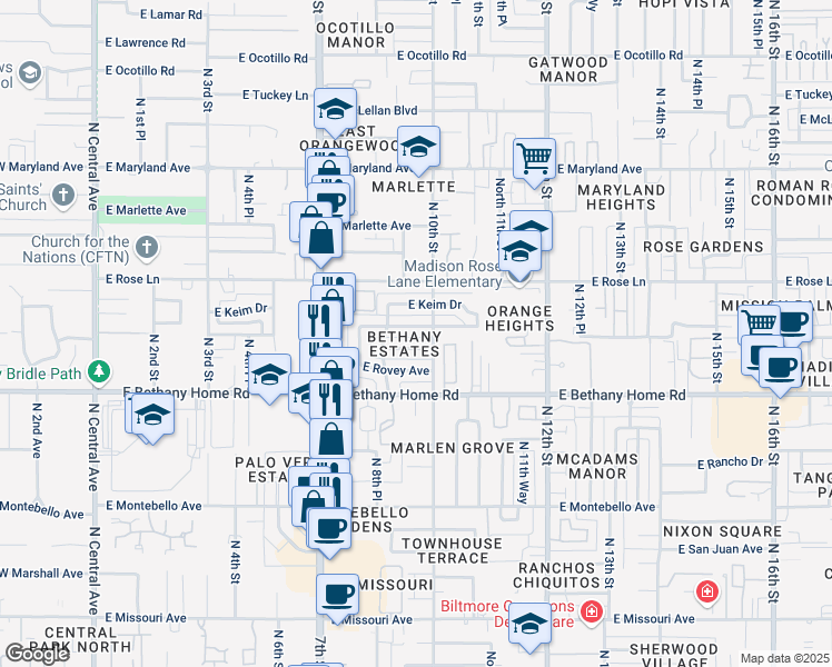 map of restaurants, bars, coffee shops, grocery stores, and more near in Phoenix