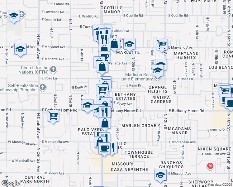 map of restaurants, bars, coffee shops, grocery stores, and more near in Phoenix