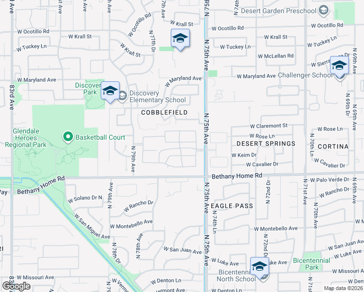 map of restaurants, bars, coffee shops, grocery stores, and more near 7573 West Berridge Lane in Glendale