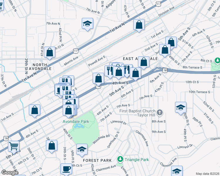map of restaurants, bars, coffee shops, grocery stores, and more near in Birmingham