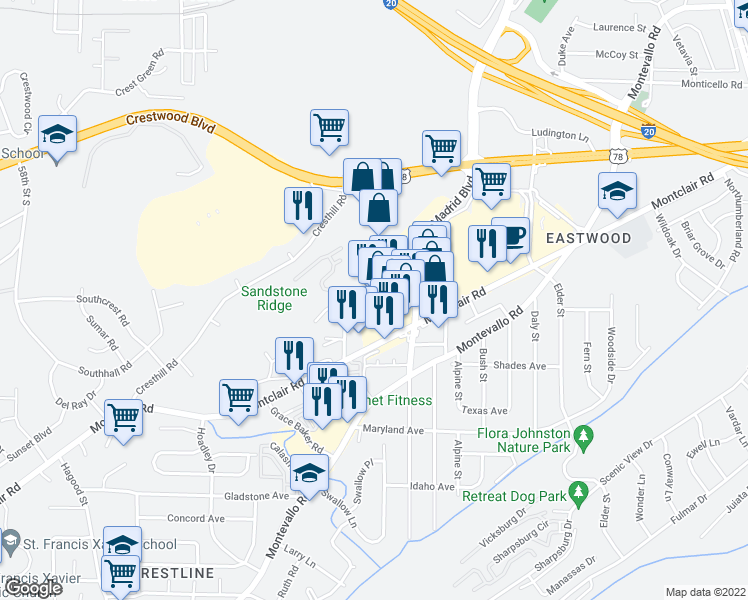 map of restaurants, bars, coffee shops, grocery stores, and more near 1559 Cooper Hill Road in Irondale