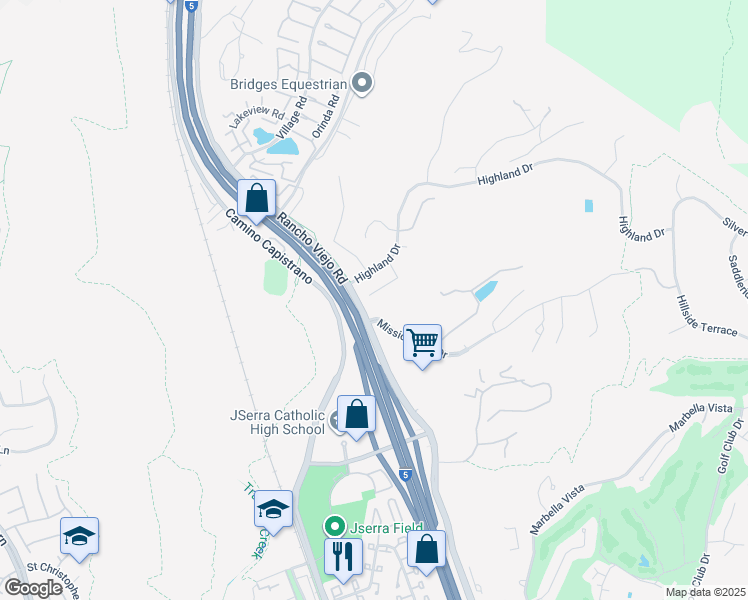 map of restaurants, bars, coffee shops, grocery stores, and more near San Diego Freeway in San Juan Capistrano