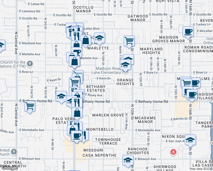 map of restaurants, bars, coffee shops, grocery stores, and more near 6033 North 10th Street in Phoenix