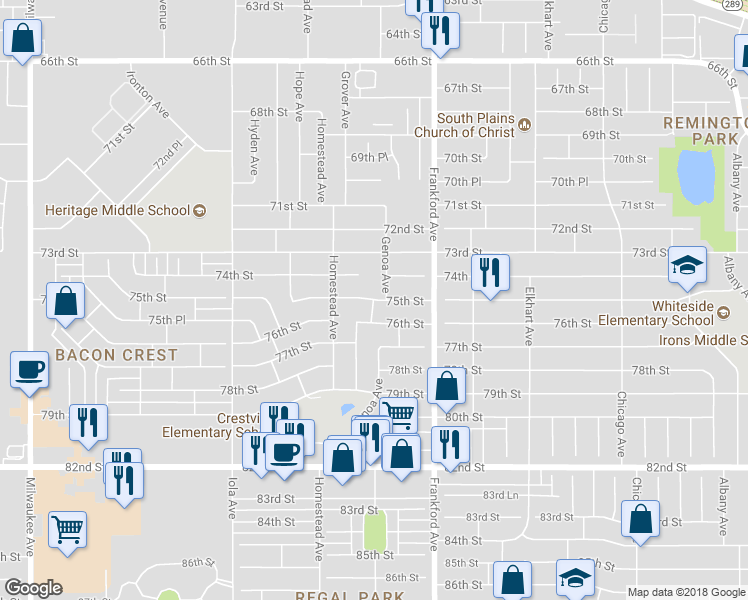 map of restaurants, bars, coffee shops, grocery stores, and more near 5908 75th Street in Lubbock