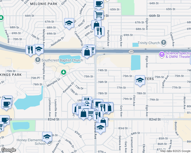 map of restaurants, bars, coffee shops, grocery stores, and more near 7498 Indiana Avenue in Lubbock