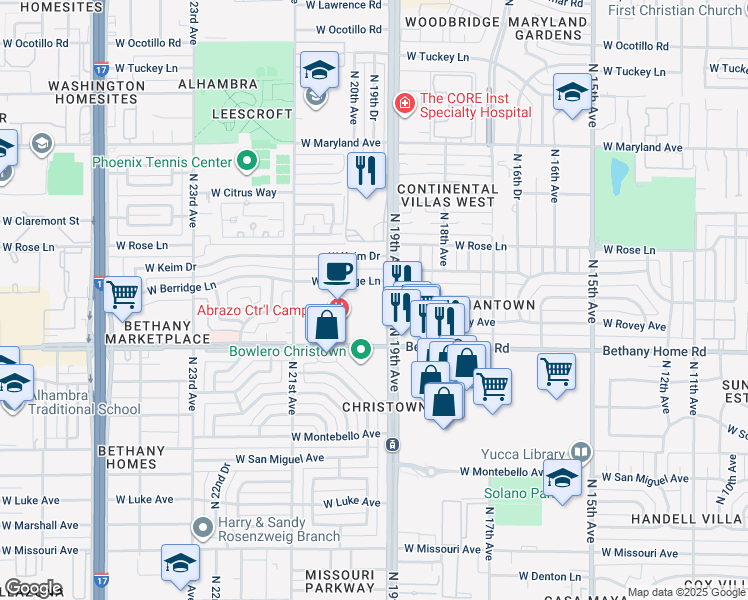 map of restaurants, bars, coffee shops, grocery stores, and more near 1926 West Berridge Lane in Phoenix