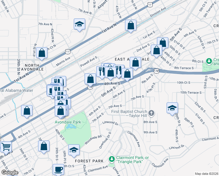 map of restaurants, bars, coffee shops, grocery stores, and more near 4412 4th Avenue South in Birmingham
