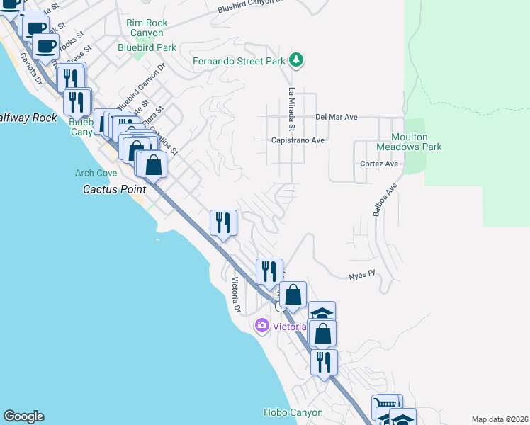 map of restaurants, bars, coffee shops, grocery stores, and more near 2590 Iris Way in Laguna Beach