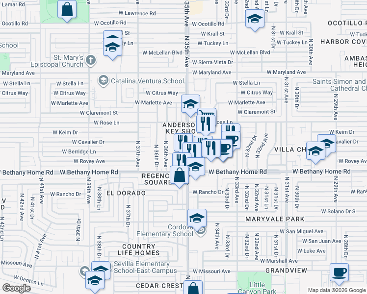 map of restaurants, bars, coffee shops, grocery stores, and more near 6112 North 35th Avenue in Phoenix
