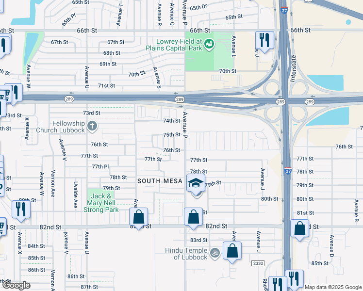 map of restaurants, bars, coffee shops, grocery stores, and more near 7502 Avenue P in Lubbock