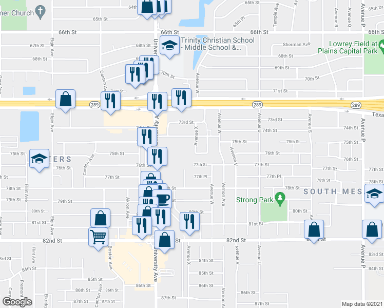 map of restaurants, bars, coffee shops, grocery stores, and more near 7406 Avenue X in Lubbock