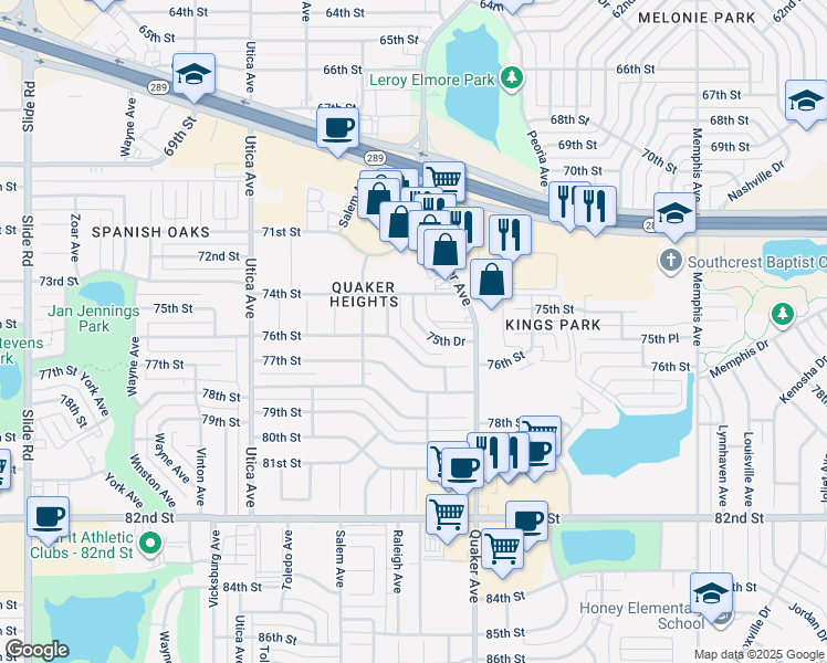 map of restaurants, bars, coffee shops, grocery stores, and more near 4422 75th Drive in Lubbock