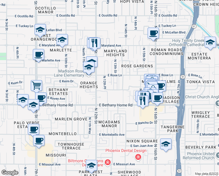 map of restaurants, bars, coffee shops, grocery stores, and more near 6121 North 12th Place in Phoenix