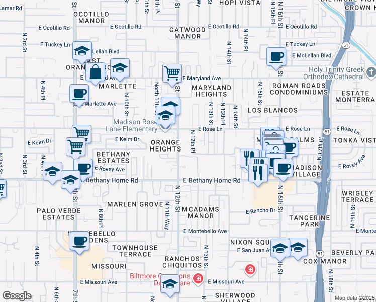 map of restaurants, bars, coffee shops, grocery stores, and more near 6109 North 12th Place in Phoenix