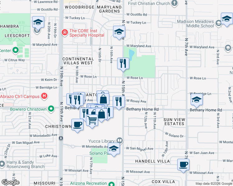 map of restaurants, bars, coffee shops, grocery stores, and more near 1519 West Keim Drive in Phoenix