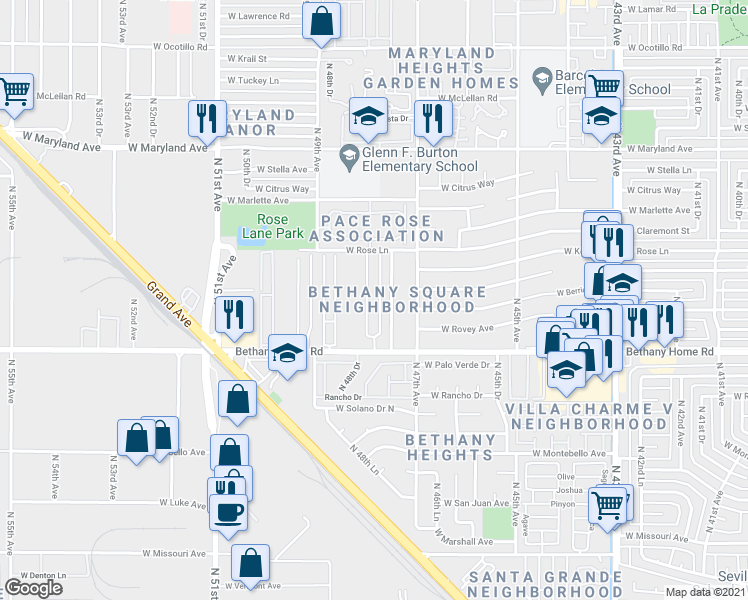 map of restaurants, bars, coffee shops, grocery stores, and more near 6203 North 48th Avenue in Glendale