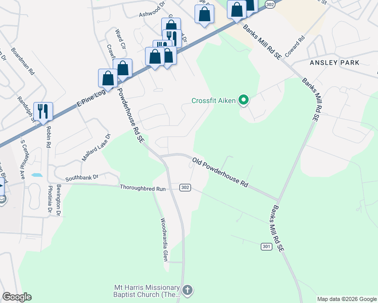 map of restaurants, bars, coffee shops, grocery stores, and more near 3025 Old Powderhouse Rd in Aiken