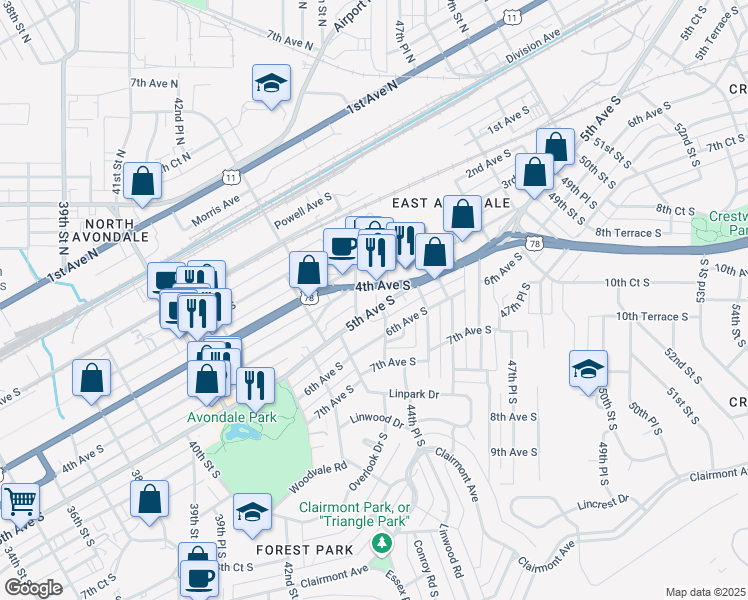 map of restaurants, bars, coffee shops, grocery stores, and more near 4412 4th Avenue South in Birmingham