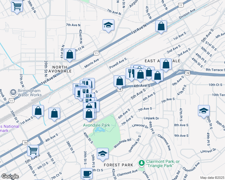 map of restaurants, bars, coffee shops, grocery stores, and more near 4272 2nd Avenue South in Birmingham