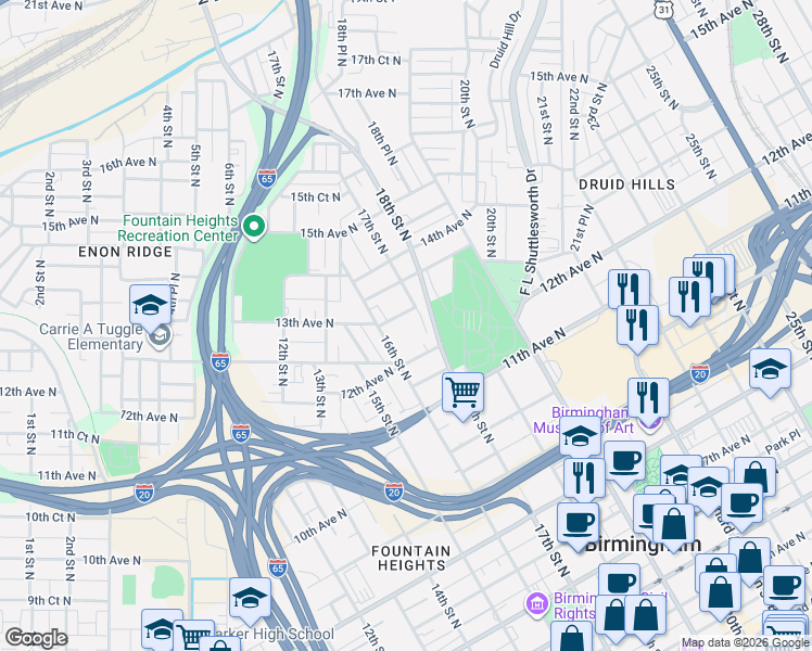 map of restaurants, bars, coffee shops, grocery stores, and more near 1620 13th Avenue North in Birmingham
