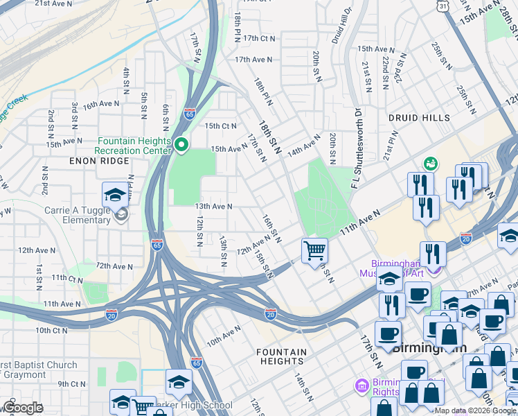 map of restaurants, bars, coffee shops, grocery stores, and more near 1312 16th Street North in Birmingham