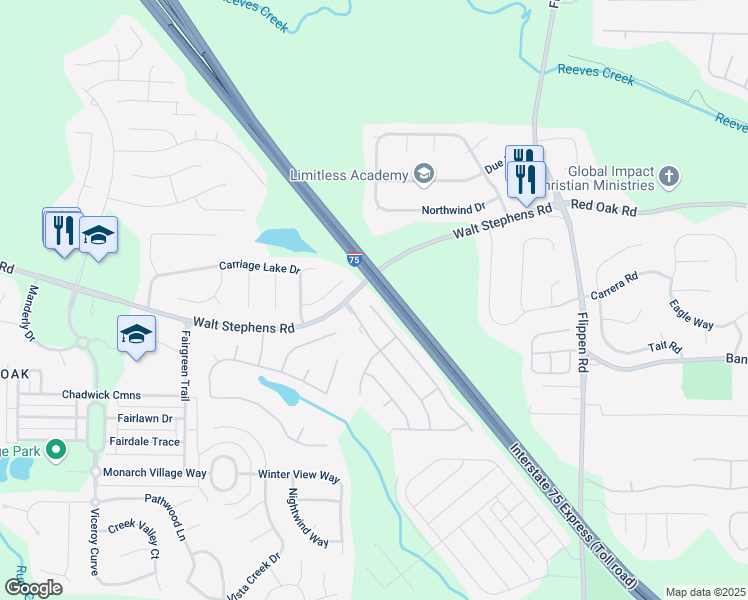 map of restaurants, bars, coffee shops, grocery stores, and more near 1528 Buckingham Place in Stockbridge