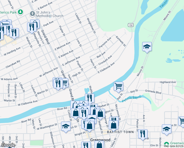 map of restaurants, bars, coffee shops, grocery stores, and more near 411 Crockett Avenue in Greenwood