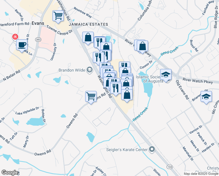 map of restaurants, bars, coffee shops, grocery stores, and more near 4223 Washington Road in Evans