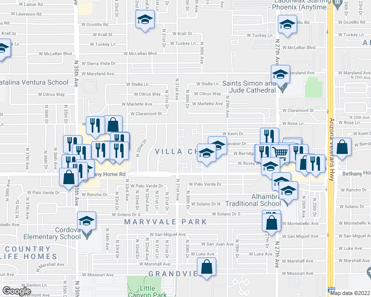 map of restaurants, bars, coffee shops, grocery stores, and more near 6119 North 31st Avenue in Phoenix
