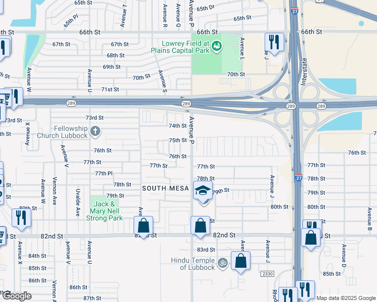 map of restaurants, bars, coffee shops, grocery stores, and more near 7502 Avenue P in Lubbock