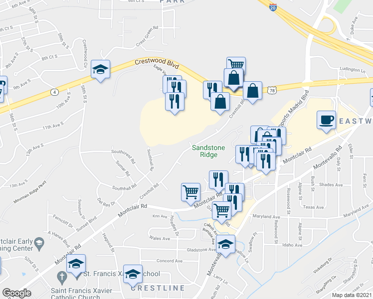 map of restaurants, bars, coffee shops, grocery stores, and more near 1421 Cresthill Road in Birmingham