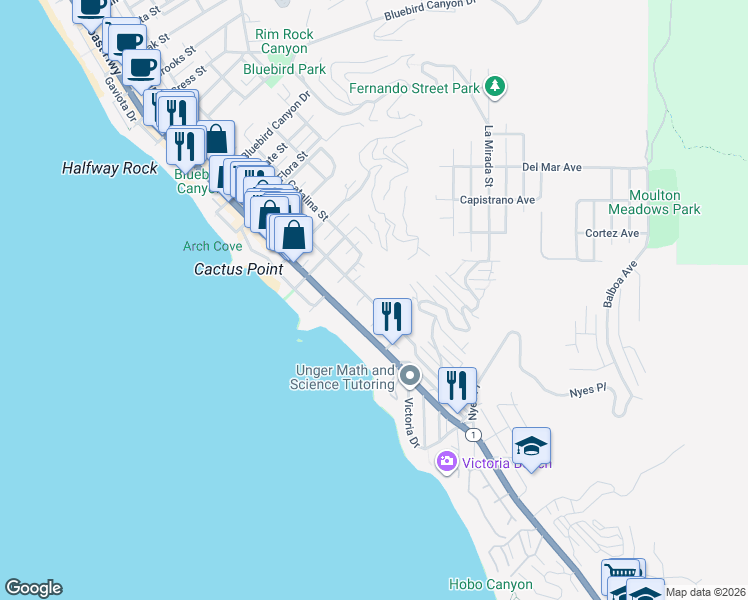 map of restaurants, bars, coffee shops, grocery stores, and more near 2260 Glenneyre Street in Laguna Beach
