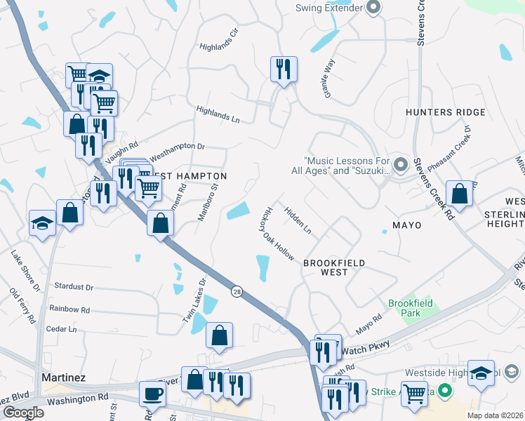 map of restaurants, bars, coffee shops, grocery stores, and more near 731 Hickory Oak Hollow in Martinez