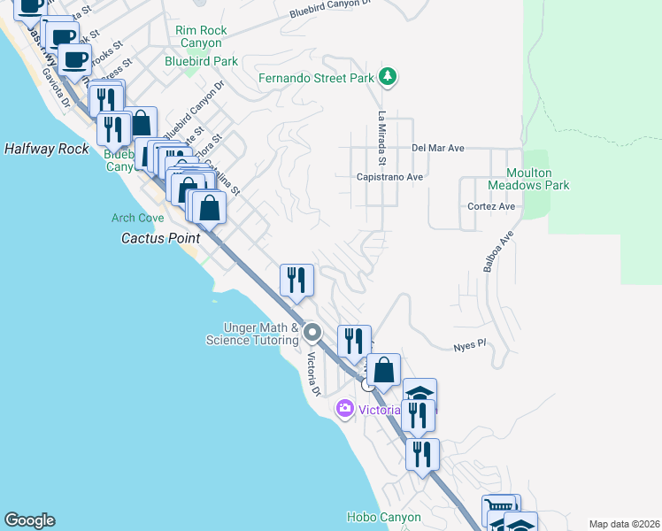 map of restaurants, bars, coffee shops, grocery stores, and more near 490 Alta Vista Way in Laguna Beach