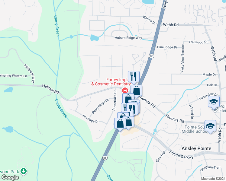 map of restaurants, bars, coffee shops, grocery stores, and more near 8421 Timberlake Drive in Riverdale
