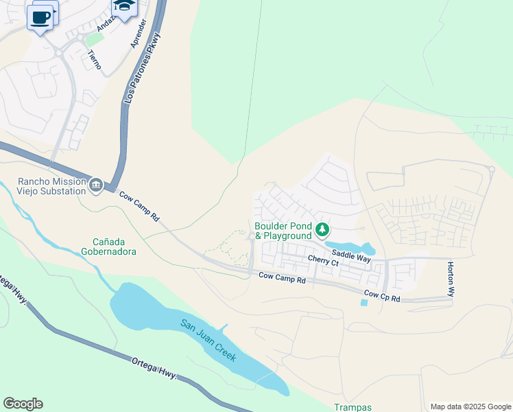 map of restaurants, bars, coffee shops, grocery stores, and more near 653 Longhorn Way in Mission Viejo