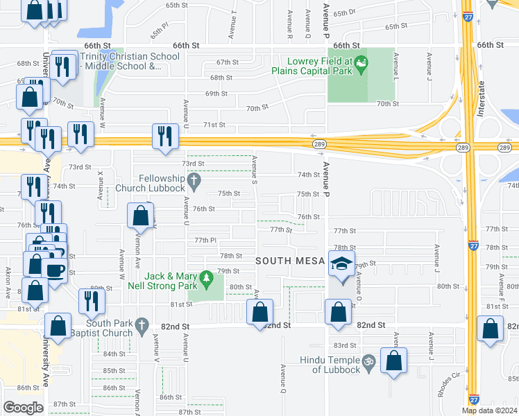 map of restaurants, bars, coffee shops, grocery stores, and more near 1814 76th Street in Lubbock