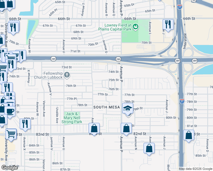 map of restaurants, bars, coffee shops, grocery stores, and more near 1801 75th Street in Lubbock