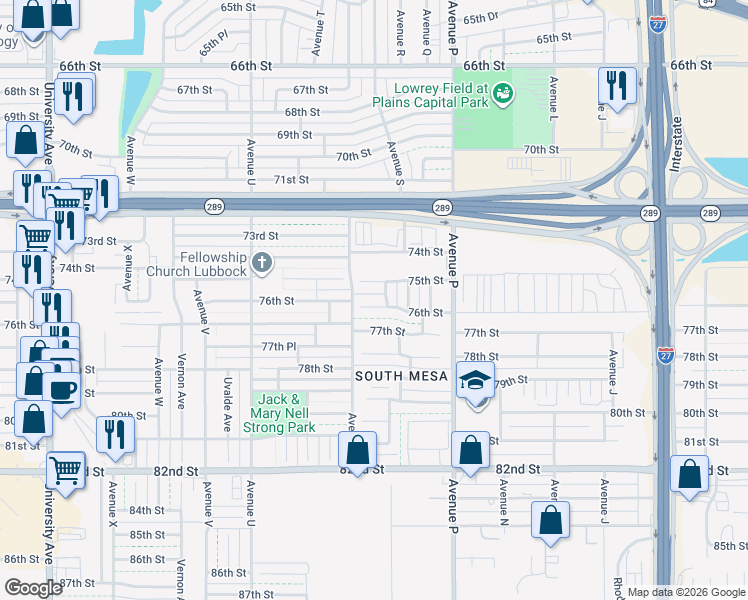map of restaurants, bars, coffee shops, grocery stores, and more near 1801 75th Street in Lubbock