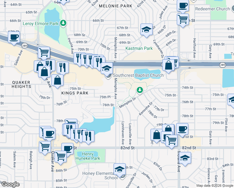map of restaurants, bars, coffee shops, grocery stores, and more near 7400-7498 Memphis Avenue in Lubbock