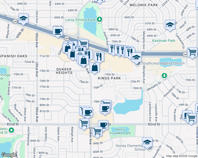map of restaurants, bars, coffee shops, grocery stores, and more near 7401 Quaker Avenue in Lubbock