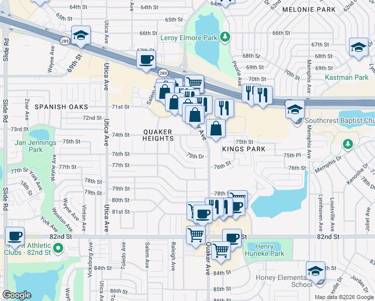 map of restaurants, bars, coffee shops, grocery stores, and more near 4422 75th Drive in Lubbock