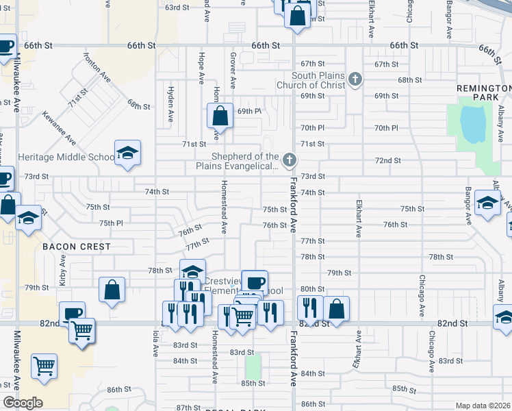 map of restaurants, bars, coffee shops, grocery stores, and more near 5815 74th Street in Lubbock