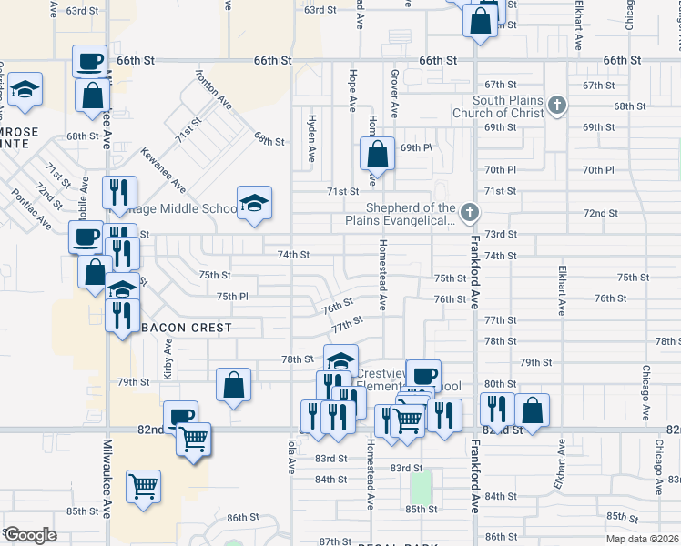 map of restaurants, bars, coffee shops, grocery stores, and more near 7402 75th Street in Lubbock