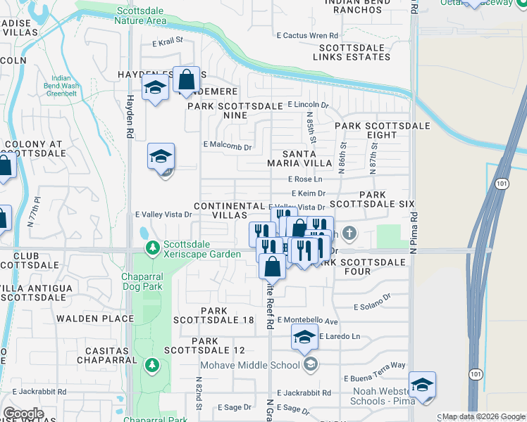 map of restaurants, bars, coffee shops, grocery stores, and more near 8401 East Keim Drive in Scottsdale