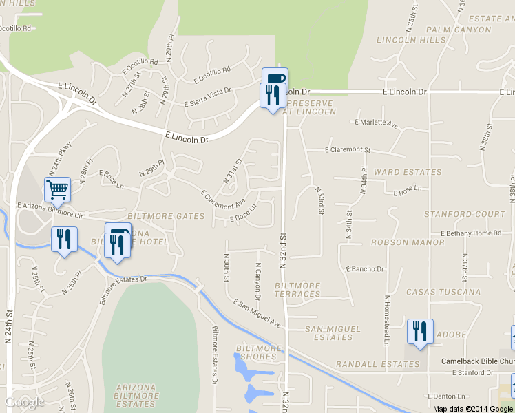 map of restaurants, bars, coffee shops, grocery stores, and more near 6148 North 31st Court in Phoenix