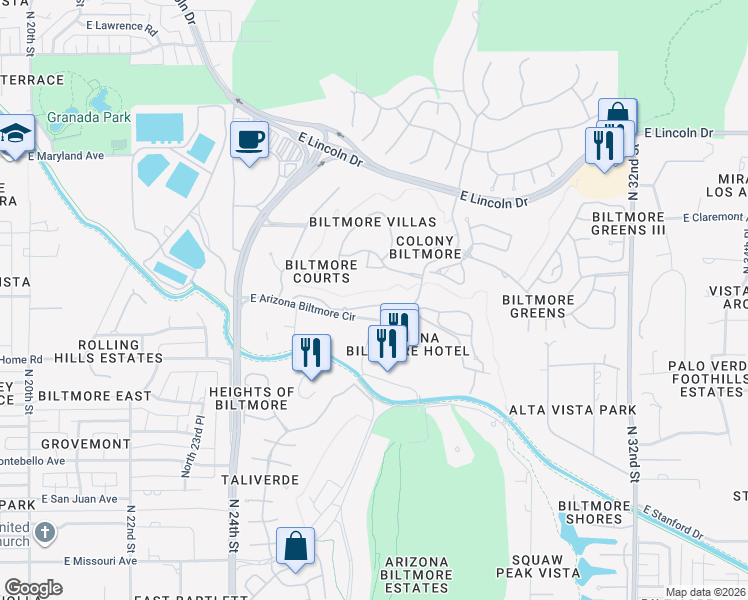 map of restaurants, bars, coffee shops, grocery stores, and more near 6140 North 29th Court in Phoenix