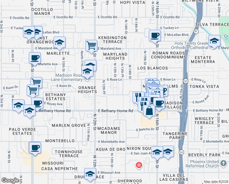 map of restaurants, bars, coffee shops, grocery stores, and more near 6102 North 13th Street in Phoenix