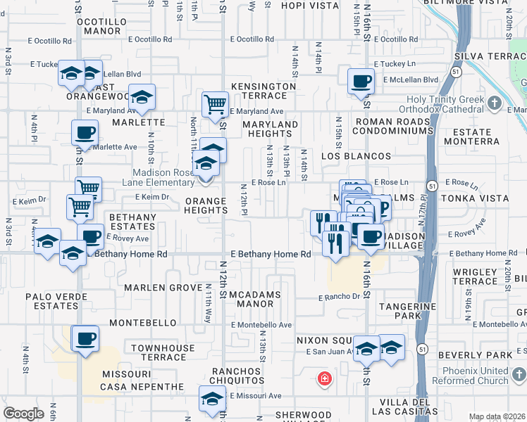 map of restaurants, bars, coffee shops, grocery stores, and more near 6121 North 12th Place in Phoenix