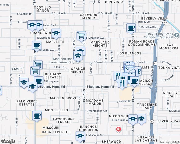 map of restaurants, bars, coffee shops, grocery stores, and more near 6121 North 12th Place in Phoenix
